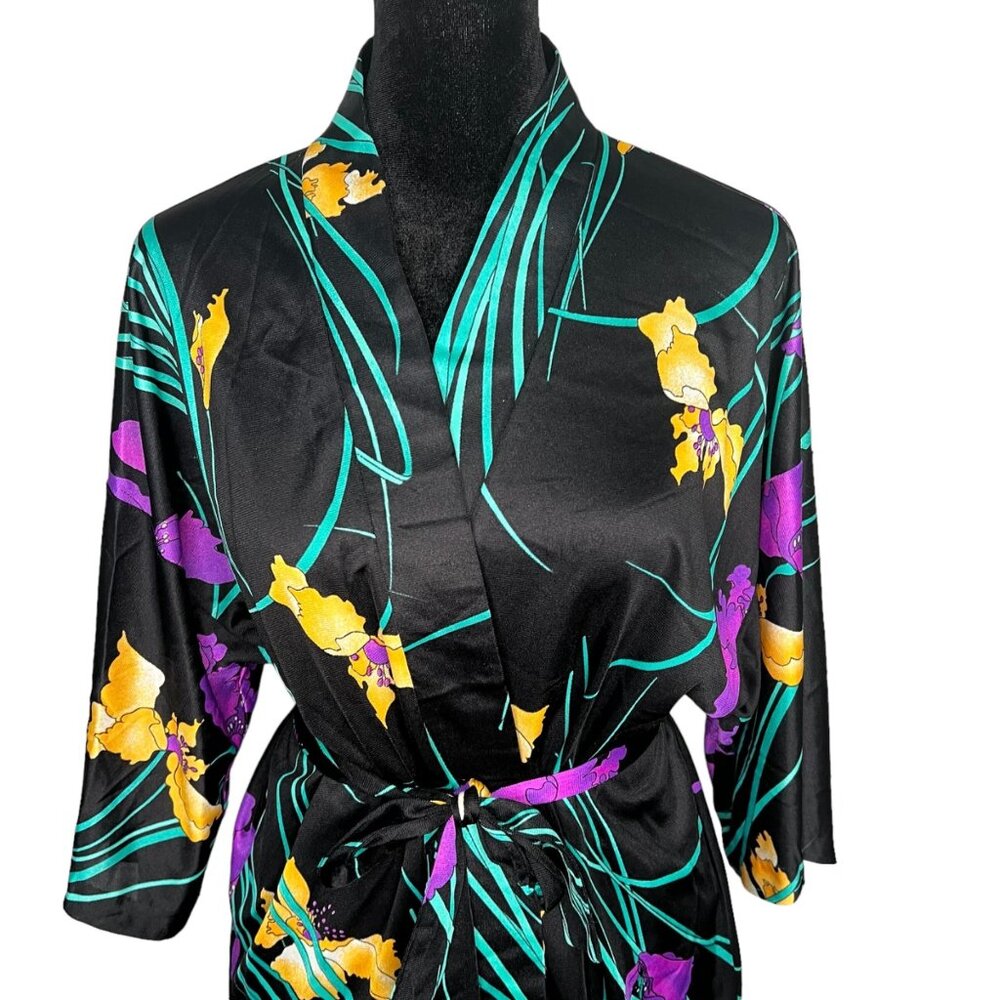 Vintage Kamehameha Floral Robe Hawaiian Belted Black Original Tropical Size L - Picture 2 of 10